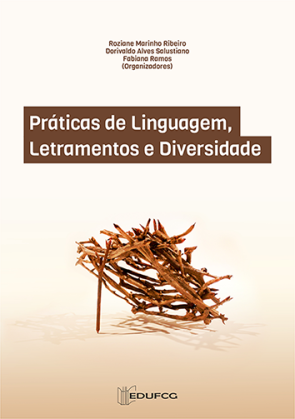 Capa do livro "Práticas  de Linguagem, Letramentos e Diversidade". A capa apresenta a imagem de uma arapuca de madeira em seu centro. 